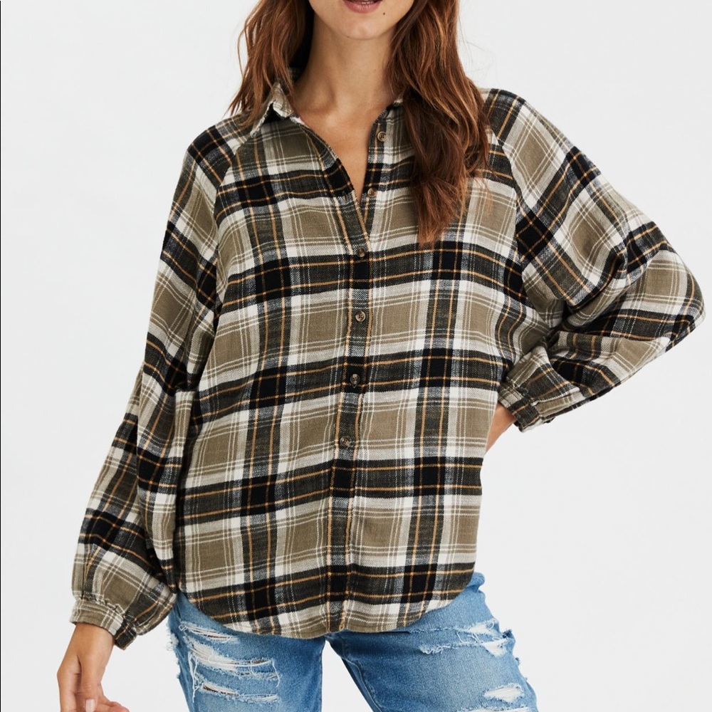 American Eagle Outfitters Olive Black White Plaid Button-Down Shirt